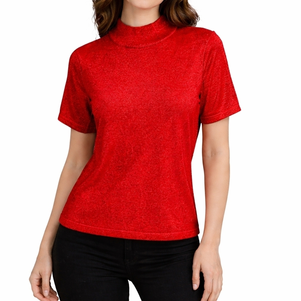 TANJAY Metallic Red Short Sleeve Mock Turtleneck Knit Valentine's Sweater